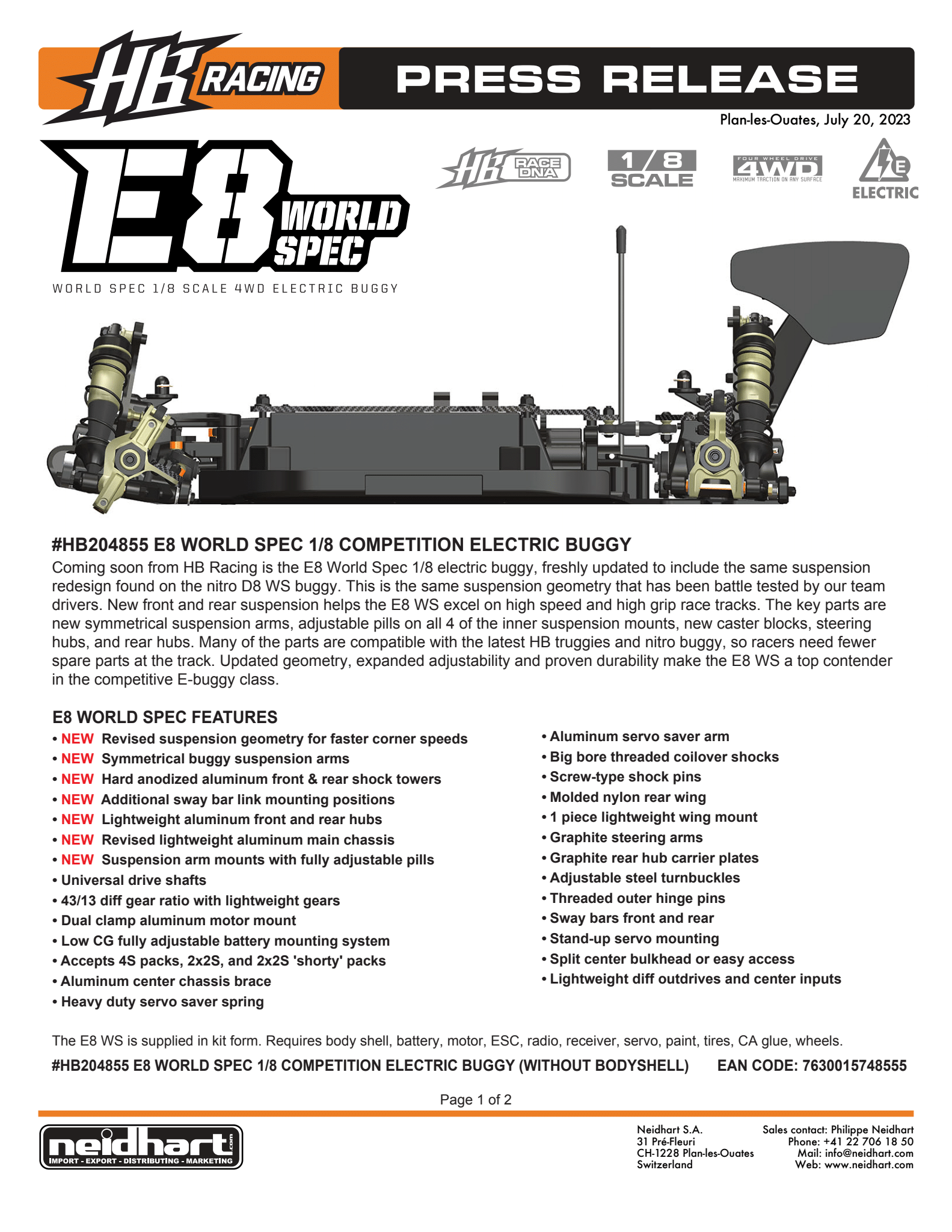 Hb Racing HB Racing E8 World Spec 1/8 Competition Electric Buggy – outlawrc